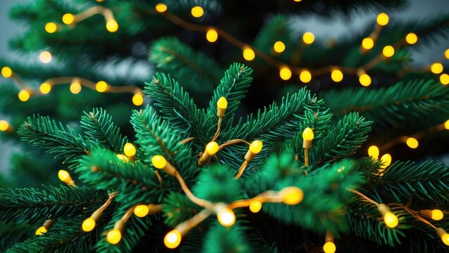 Intimate close-up of the branches of a synthetic green tree with yellow lights entwined. Seasonal backdrop