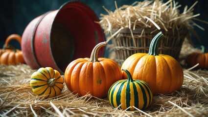Freshly harvested squash and pumpkins with straw and basket