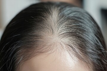 Female Hair Thinning Crown Texture Closeup View Natural head grey gray fine skin scalp woman black  