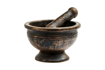 Old bronze mortar and pestle isolated on transparent background
