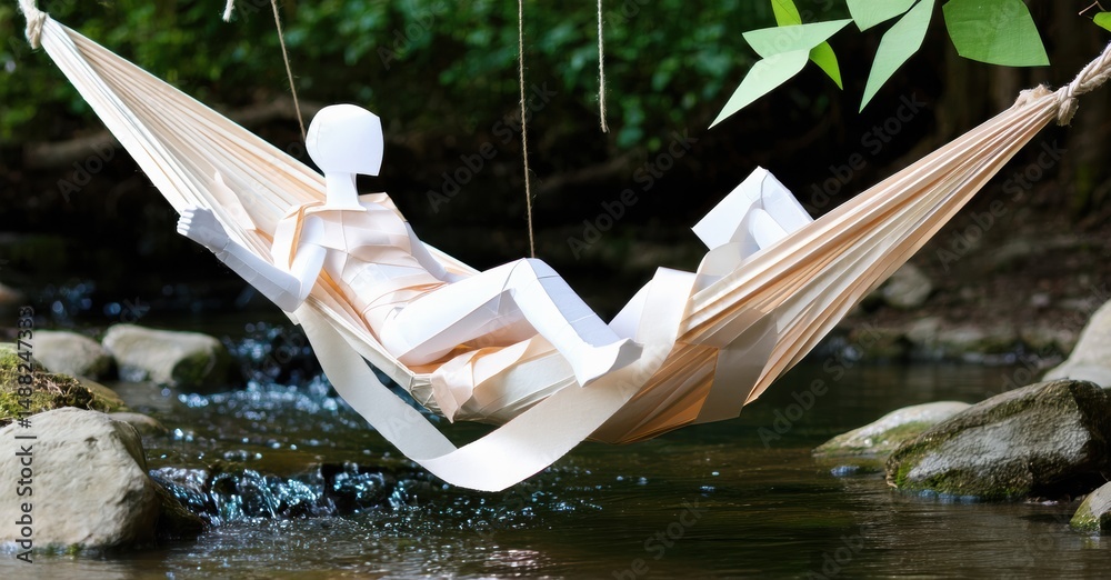 Aufkleber paper figures relax within hammock. water flows beneath, surrounded by lush greenery. peaceful scene