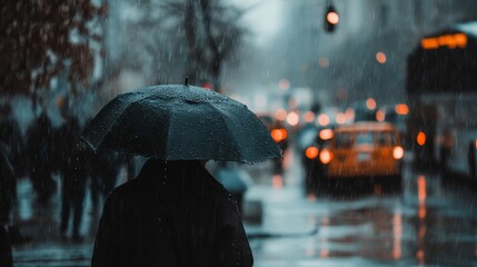 Person Under Umbrella in Rain, City Street Background