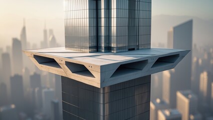 A sweeping view of a contemporary skyscraper against an urban backdrop with an unoccupied triangular concrete section. Lifelike in a photo.