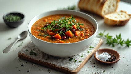 Thick homemade lentil and red bean soup with vegetables and herb garnish. A fit and healthy vegetarian and vegan dish.