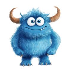 Fototapeta premium Blue furry monster with horns stands cheerfully against a white background, Blue Furry Monster with Horns Cartoon on white background