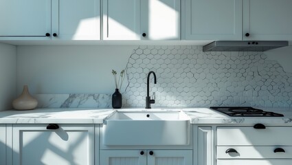 Stylish Laundry Area Including Countertop and Backsplash