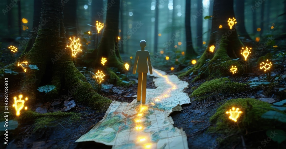 Poster stylized figure stands upon map within dark forest. glowing flora illuminates path. mysterious, sere