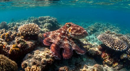 Obraz premium Underwater octopus coral reef ocean life marine animal wildlife sea creature aquatic ecosystem exploration on transparent background