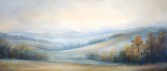 Fototapeta premium Serene Misty Landscape with Soft Hues and Gentle Rolling Hills