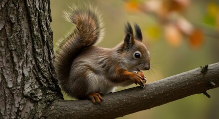 Obraz premium Squirrel eating nut on a tree branch wildlife photography animal nature rodent cute furry tail autumn season on transparent background