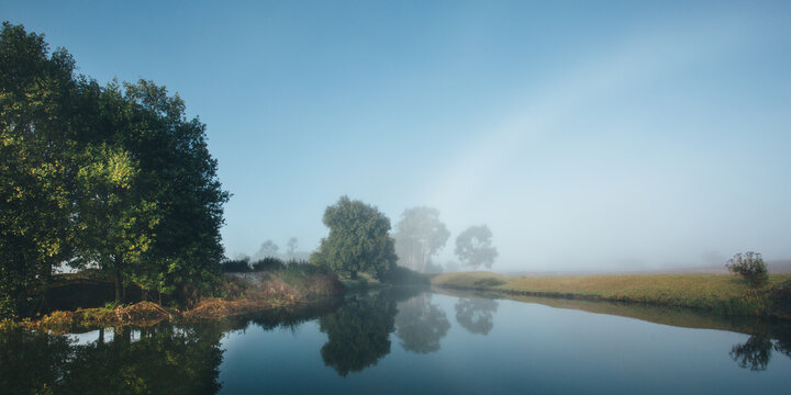Misty morning beside a river with calm water, reeds and trees