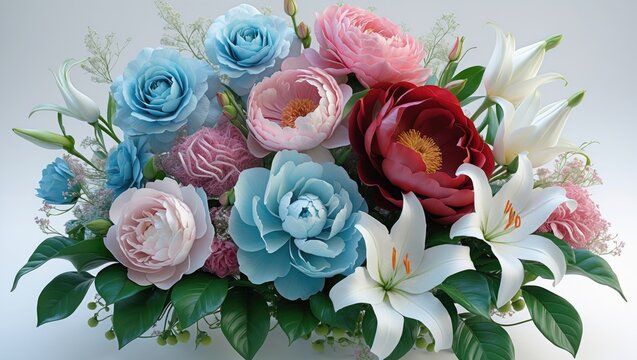 Stunning bouquet of lilies and roses with leaves on an isolated background. Creative concept for spring flowers.