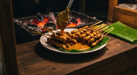 Deliciously Grilled Skewers with Peanut Sauce Served Hot Over Charcoal Grill at Night Market