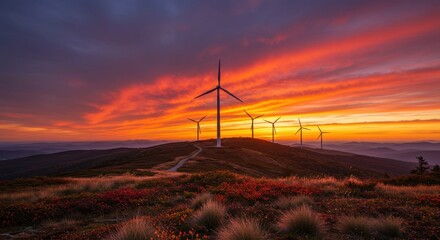 Obraz premium Sunrise wind turbines on hilltop