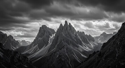 Monochrome Mountain Landscape with Dramatic Sky