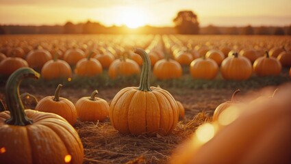 Sunset over organic pumpkin field viewed from low angle, showcasing numerous squash and large pumpkins being harvested