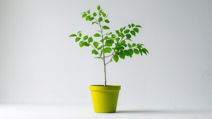 Seedling of white birch in a garden flowerpot against a white backdrop