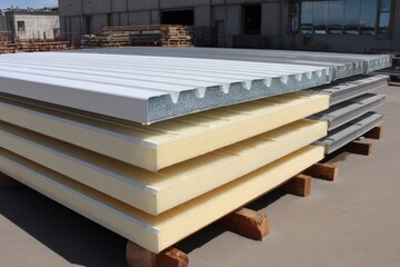 sustainable building materials,Stacked insulated metal panels on a pallet, ready for use in construction or industrial applications.