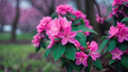 Obraz premium Elegant pink azalea accompanied by vibrant leaves
