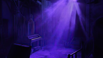 Mysterious purple interior space with theatrical lighting.