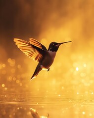 Naklejka premium Hummingbird in Flight Against a Golden Sunset Background