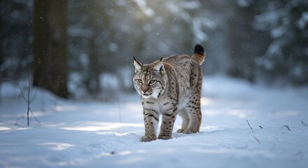 Portrait of lynx walking in snow covered forest during winter season wildlife photography nature scene on transparent background