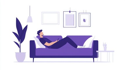 A man is depicted lounging on a stylish purple couch absorbed in his device while surrounded by minimalist decor. This abstract representation captures the essence of tranquility and comfort