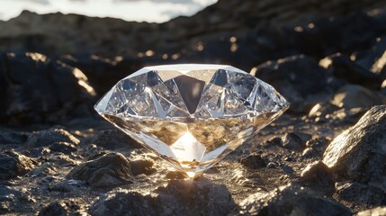 A pristine diamond rests amidst dark stones.