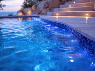 Delicate reflections dance on the waters surface while soothing blue LED lights illuminate the pools edge at night. A peaceful ambiance invites you to unwind and relax in the serene surroundings