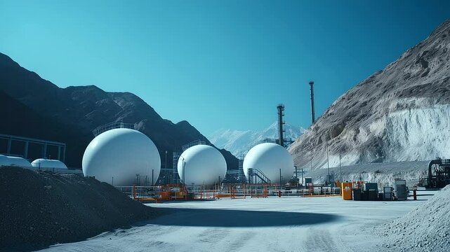 The white spherical propane tanks are strategically placed in an industrial facility, with safety barriers in place. The blue sky above highlights the importance of these tanks in