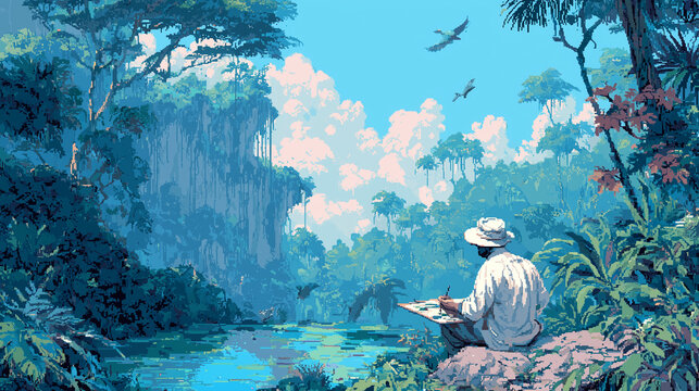A painter in a jungle painting exotic wildlife, painter working, pixel style
