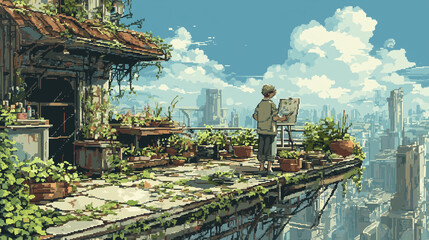 Rooftop garden in a dystopian city, artist working, pixel style