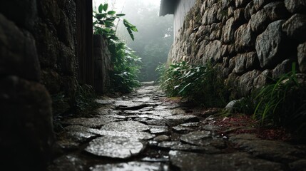 point of view walking through a narrow stone alley fading into fog, cracked path underfoot, wet ground, Old village Japanese cinematic lighting, dramatic mood