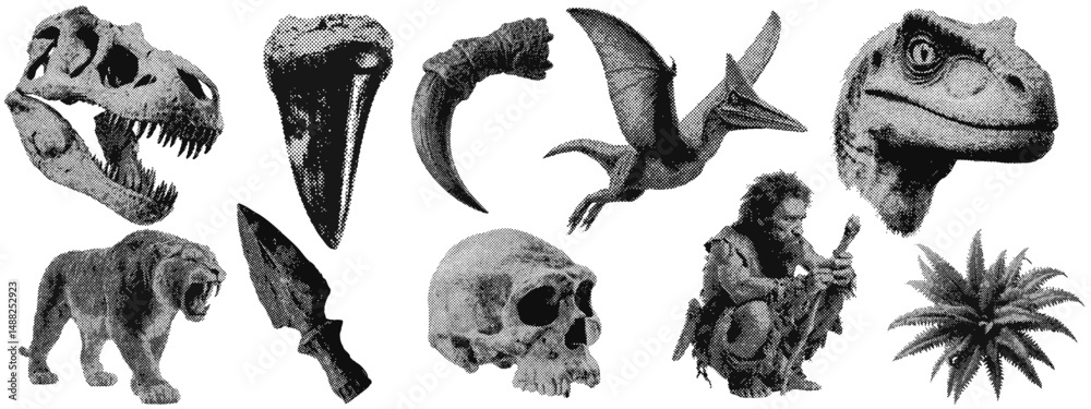Canvas Prints set of prehistoric dinosaur halftone grunge vector design elements