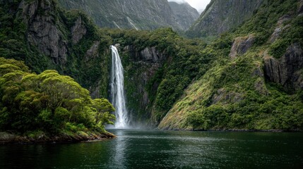 Fototapeta premium Majestic Waterfall Cascading into Serene Fjord