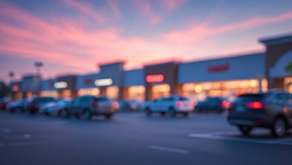 Fototapeta premium Hazy image of deserted parking zones at a modern retail center with bokeh lighting in the background.