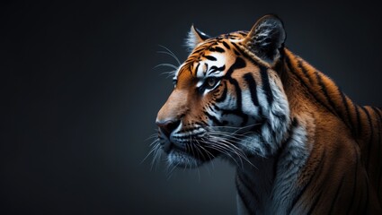 Feline predator's face with strong features, orange fur, and black stripes depicted in a close-up against a dark background