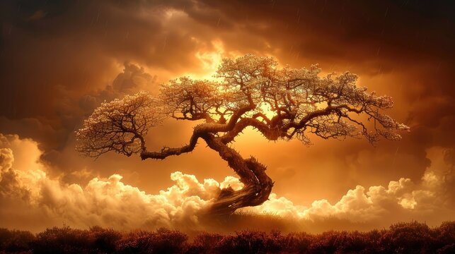 A small but ancient-looking hawthorn tree standing alone in a field, its twisted branches adorned with both spring blossoms and protective thorns, backlit by stormy light