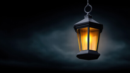 An ornate vintage lantern shines brightly against a dark cloudy night sky, casting a warm, inviting glow into the darkness with moody atmospheric feel.