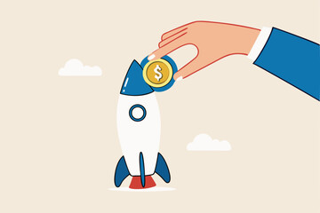Funding startup company or venture capital investment, cost or budget to new business, pay for project launch concept, businessman hand investor put money coin into innovative rocket to launch company