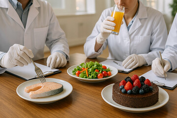 Sensory evaluation of salad, fresh salmon, fruit-decorated chocolate cake, and orange juice by food professionals under food quality and sensory engineering protocols..