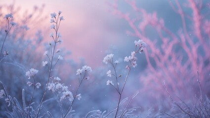 Delicate flowers with openwork patterns in the frost. Mild lilac winter landscape. Lovely winter morning filled with fresh air and snowflakes.