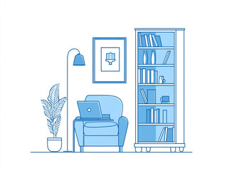 A minimalist line art illustration of a living room featuring a sofa with a pillow and mug, a floor lamp, potted plants, bookshelves with books and vases, and a laptop on a small table, all in blue ou