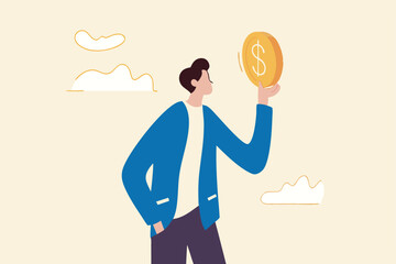 Financial plan investment strategy, decision to make profit or pay off debt, contemplation or thinking about savings and wealth concept, confident businessman spinning big money coin on his finger.