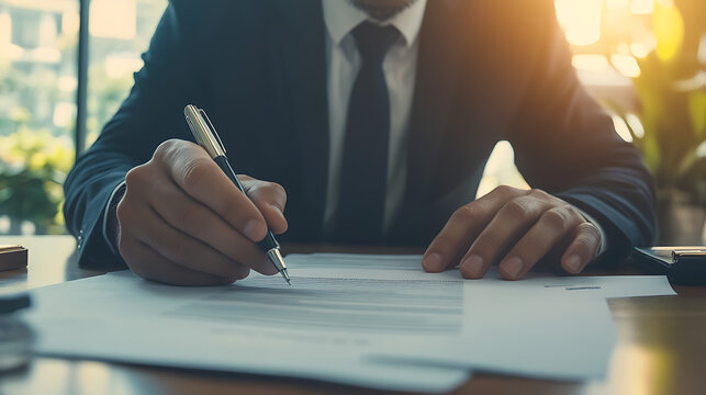 A businessman managing legal agreements, validating contracts, and confirming business document approvals