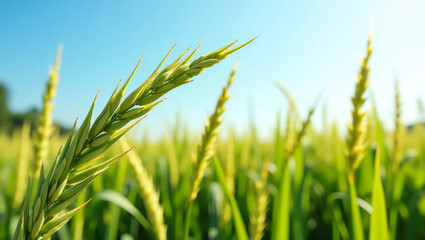 Obraz premium a view of rice grains swaying in the gentle breeze accompanied by a bright blue sky.