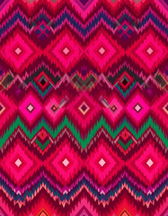 Vibrant geometric pattern with bold colors, featuring diamonds and zigzag shapes, perfect for textiles or digital backgrounds