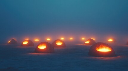 Mysterious Glowing Rocks in a Foggy Landscape: A Surreal Digital Art