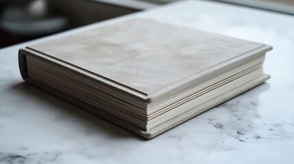 Cream-colored photo album on marble surface