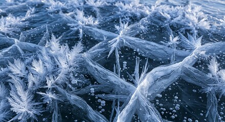 Frozen Lake Ice Formations Close-Up | Crystalline Structures, Trapped Air Bubbles, Abstract Winter Patterns, Cool Blue White Hues, Glistening Icy Surface Texture